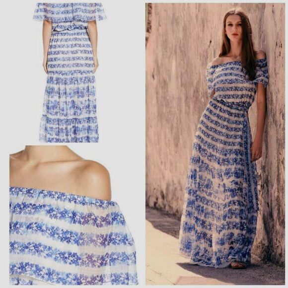 Eliza J Blouson Blue White Floral Off Shoulder Boho Maxi Dress